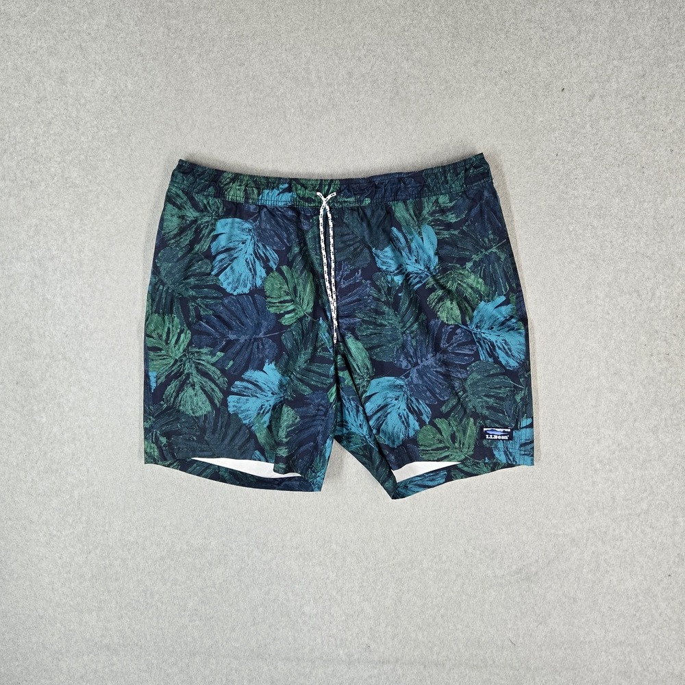 L.l.bean Men Activewear Shorts XL Blue Swim Trunks Floral Zipper 6.5" Inseam
